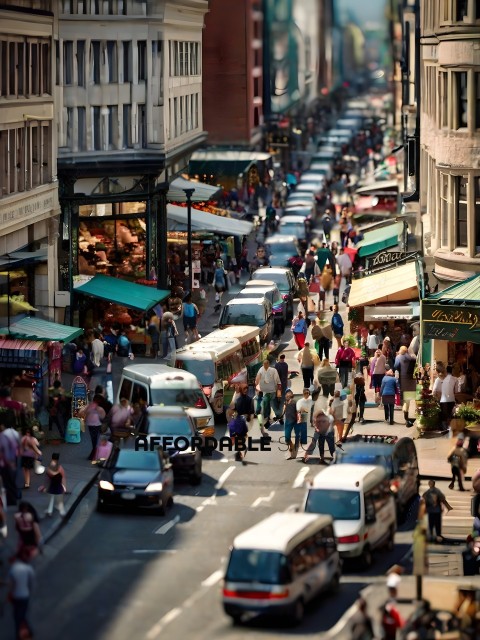 A busy city street with many people walking and driving