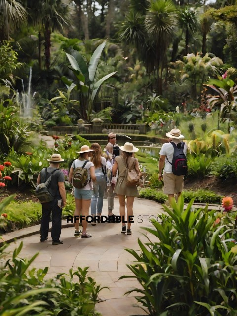 A group of people walking through a garden