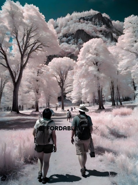 Two people walking in a forest with a mountain in the background