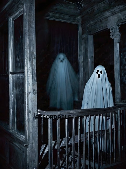 Two ghostly figures appear in a dark room