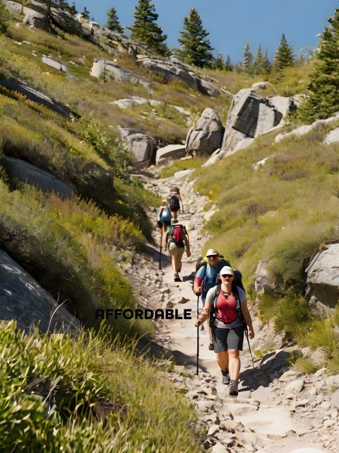 Hikers on a trail with mountains in the background