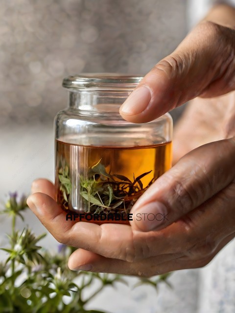 A person holding a jar of herbs