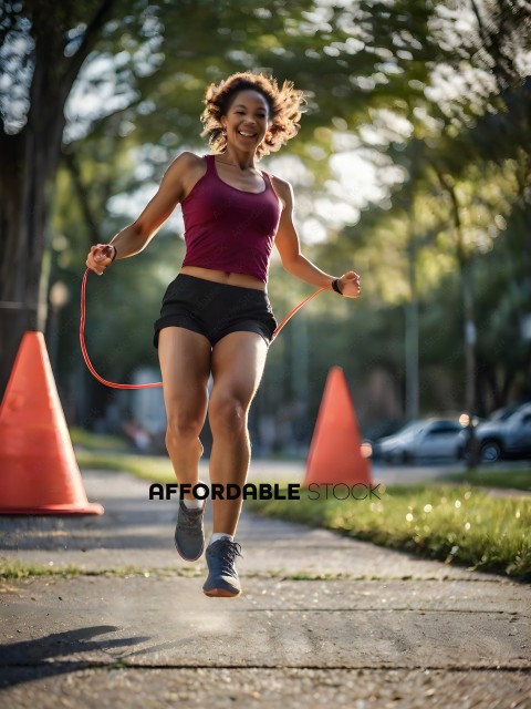 Woman jogging on sidewalk with red hula hoop