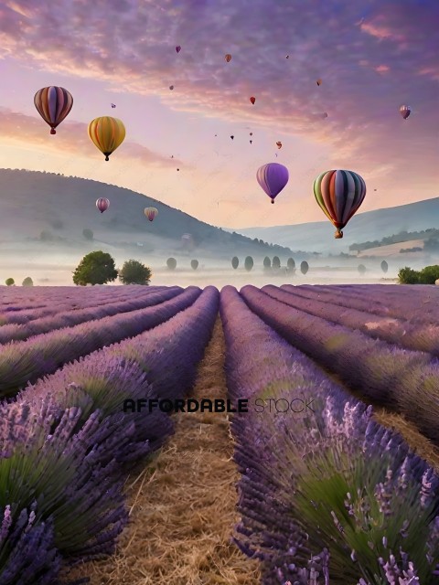 A beautiful scene of hot air balloons flying over a lavender field