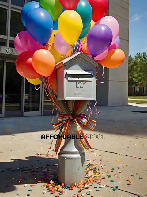 A mailbox with balloons and confetti