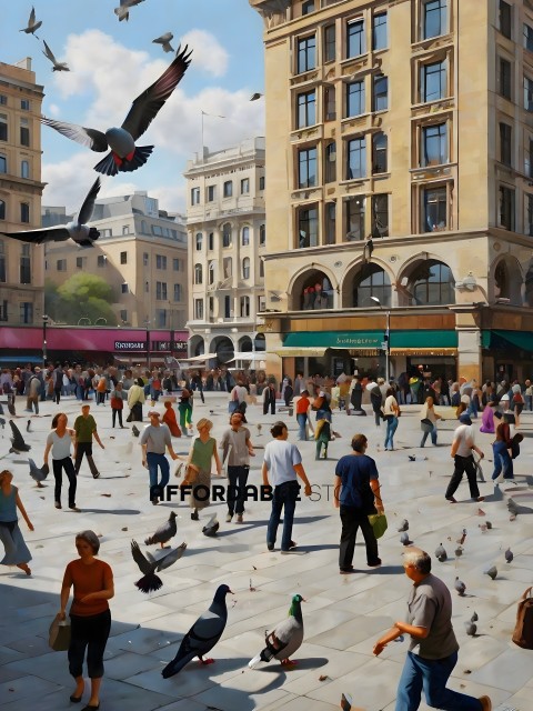 People walking in a city with pigeons