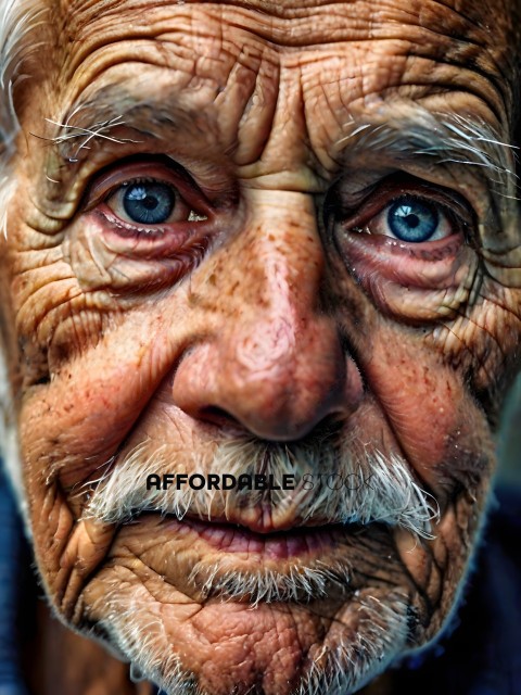 An elderly man with blue eyes and a mustache