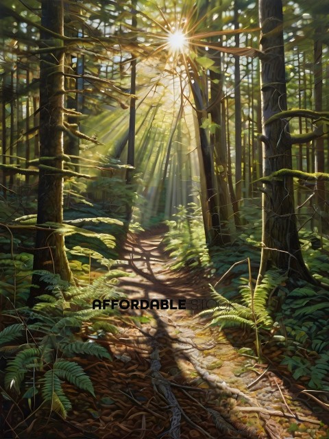 A forest path with sunlight streaming through the trees
