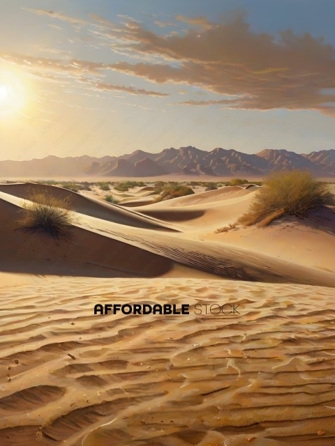 A desert landscape with a sunset in the background