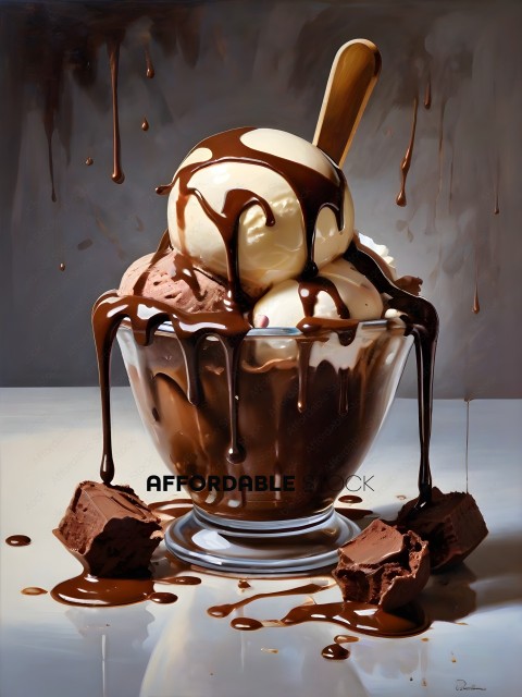 A Painting of a Chocolate Ice Cream Sundae with Chocolate Chips and Chocolate Sauce