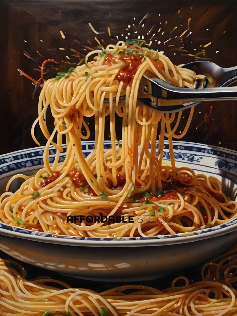 A bowl of spaghetti being served with a spoon