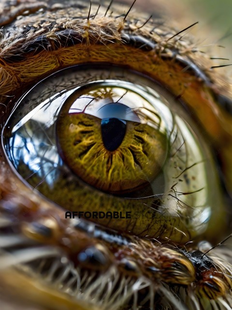 A close up of a yellow eye with a reflection of a spider in the corner