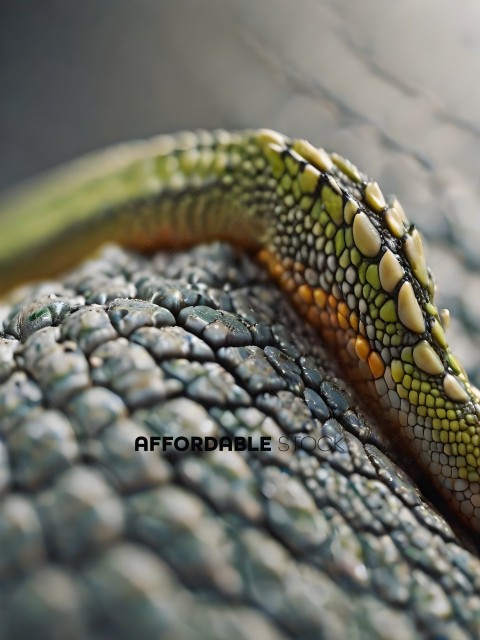 A close up of a lizard's skin with a pattern of green, yellow, and orange