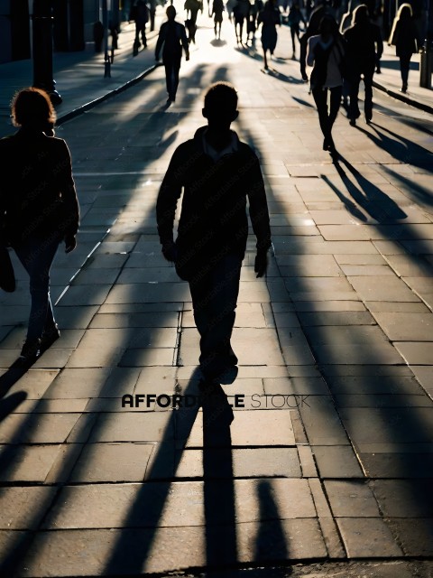 People walking down a street with shadows