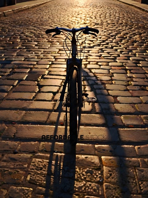 A bicycle casts a shadow on a brick road