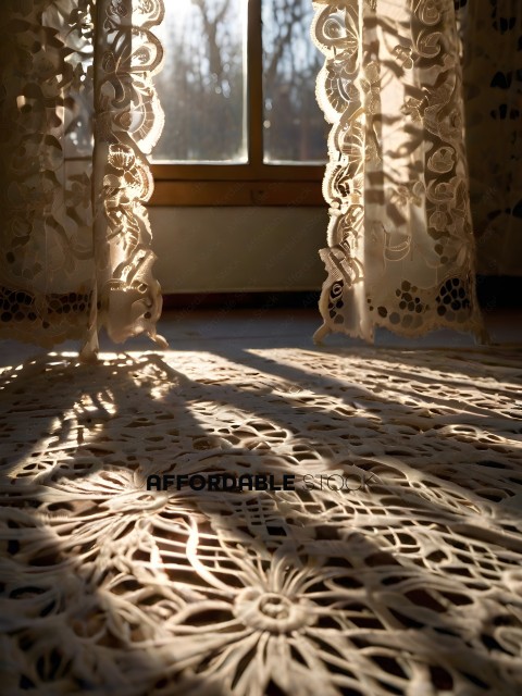 White lace curtains with sunlight shining through