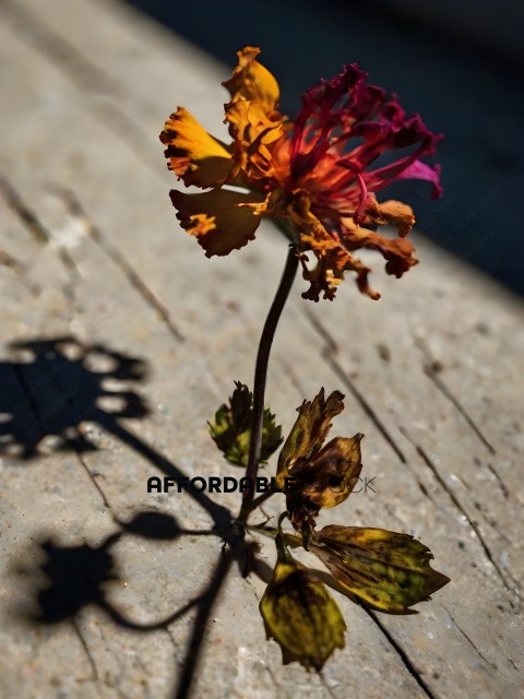 A flower with a shadow of the flower on the ground