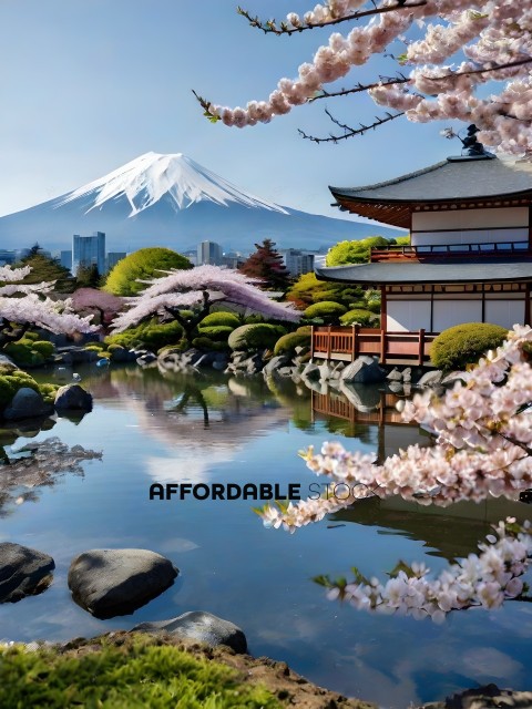 A serene landscape with a mountain, pond, and Japanese garden
