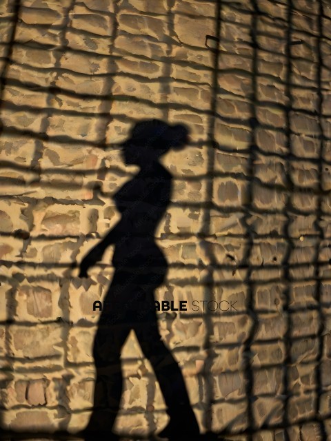 A woman's shadow is cast on a brick wall