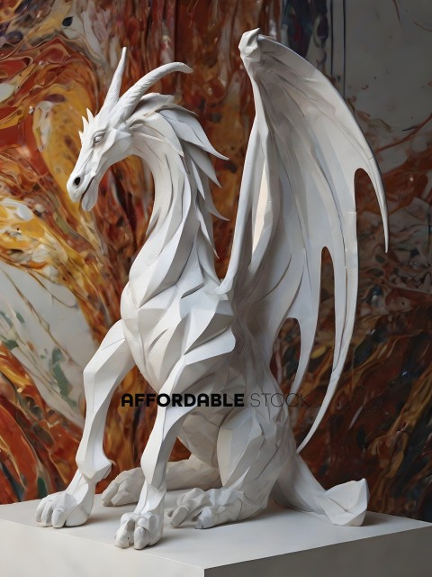 White Dragon Sculpture with Orange and Yellow Background