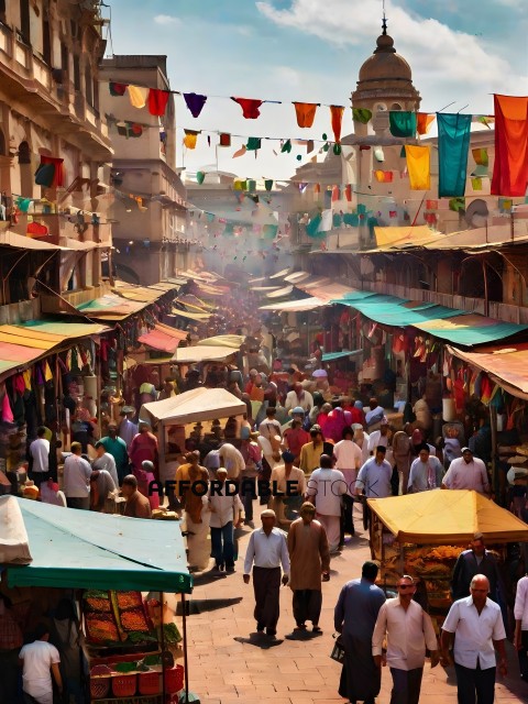 Crowded marketplace with colorful tents and flags