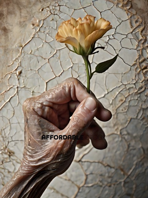 A person's hand holding a yellow flower