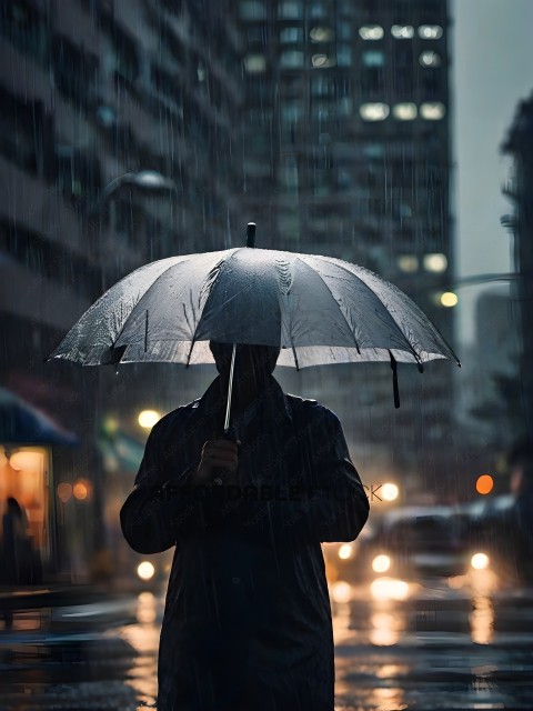 A person holding an umbrella in the rain