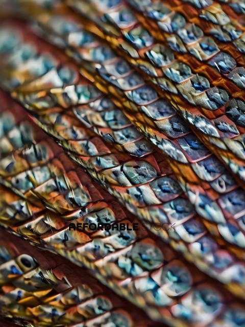 A close up of a snake's skin with a pattern of blue and orange