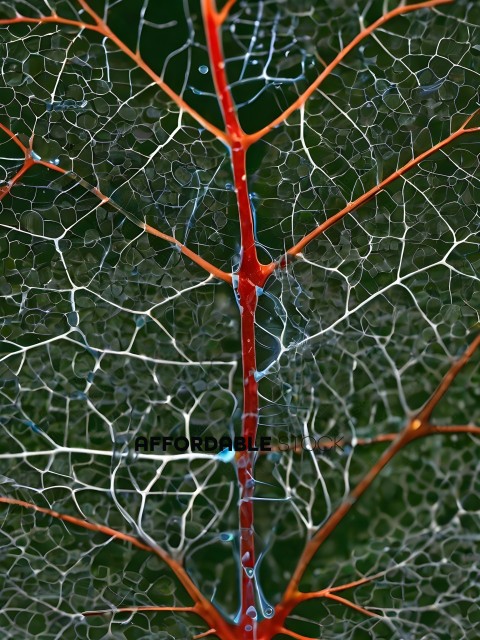 A close up of a leaf with a red stem