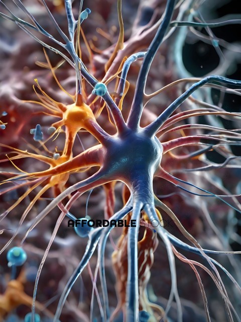 A close up of a nerve cell with a blue and orange nucleus