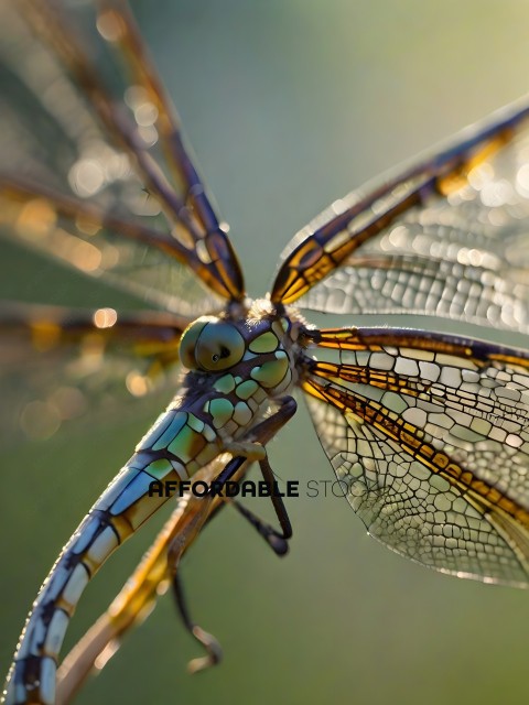 A close up of a dragonfly's face and wings