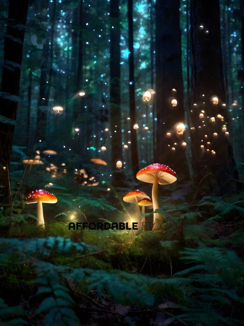 A group of mushrooms in a forest with a light shining on them