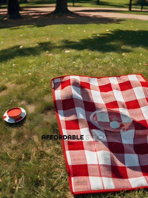A red and white checkered tablecloth on the grass