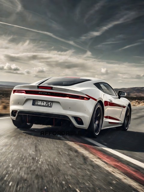 A white sports car with a red stripe on the side