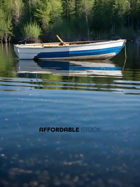 A small boat with blue and white reflecting in the water