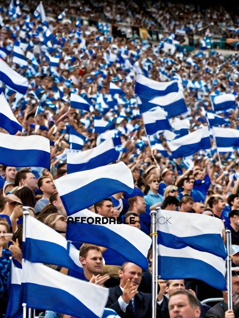 Fans at a sporting event hold up flags