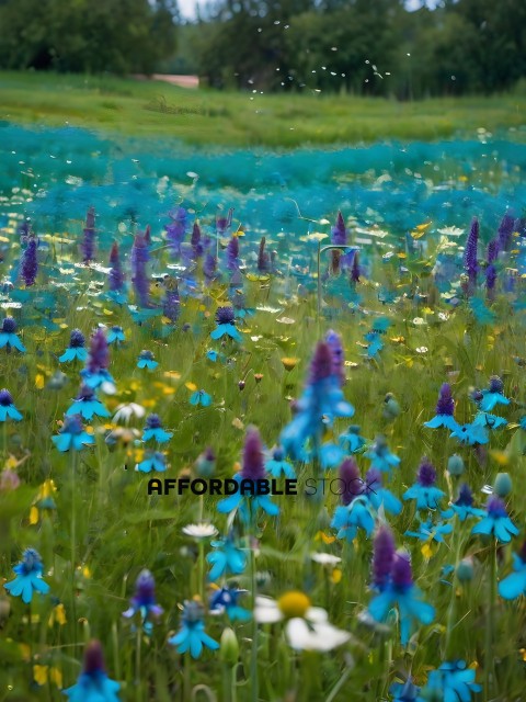 A field of flowers with blue and purple flowers