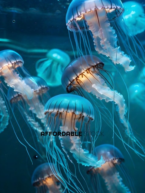 A group of blue and white jellyfish in the ocean