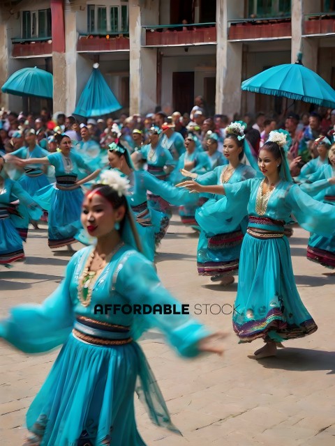 A group of women in blue dresses and headpieces dance