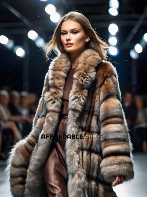 A model wearing a fur coat and a brown dress