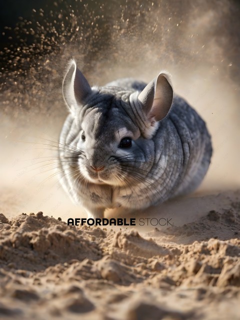 A small gray and white chinchilla running through the sand