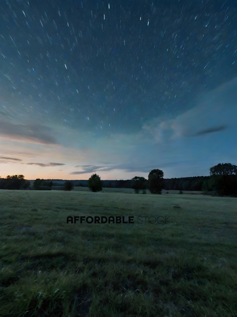 A field at sunset with a starry sky