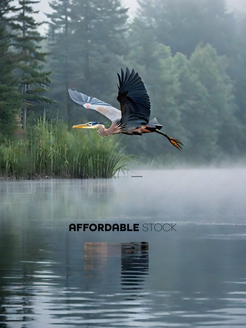 A large bird with a long neck flies over a body of water