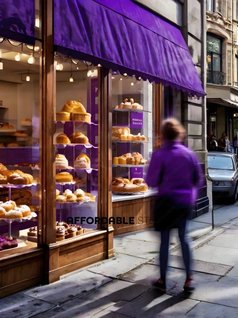 A woman in a purple shirt walks past a bakery
