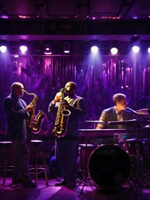 Two men playing saxophones on stage