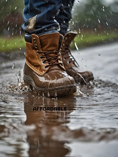 Person wearing brown boots walking through rain