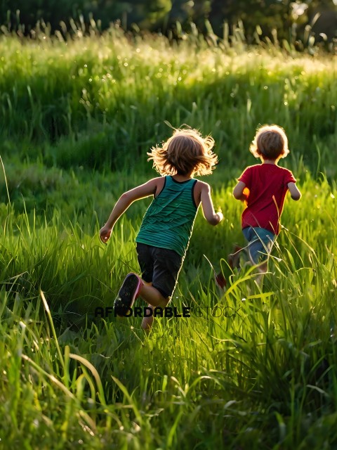 Two children running through a field