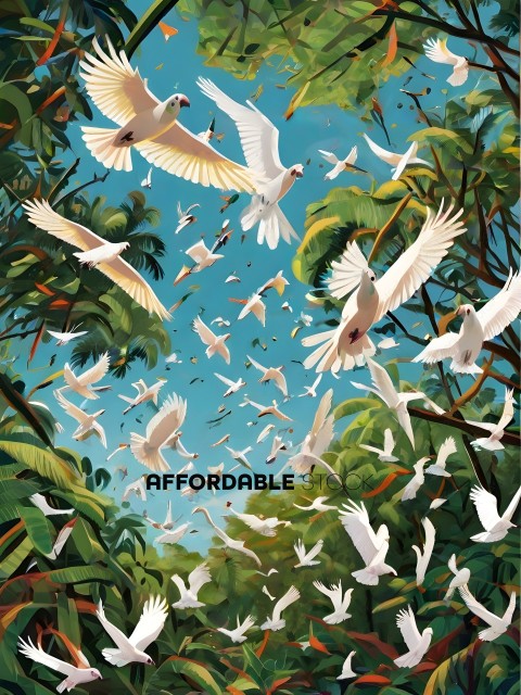 A painting of many white birds flying in the sky