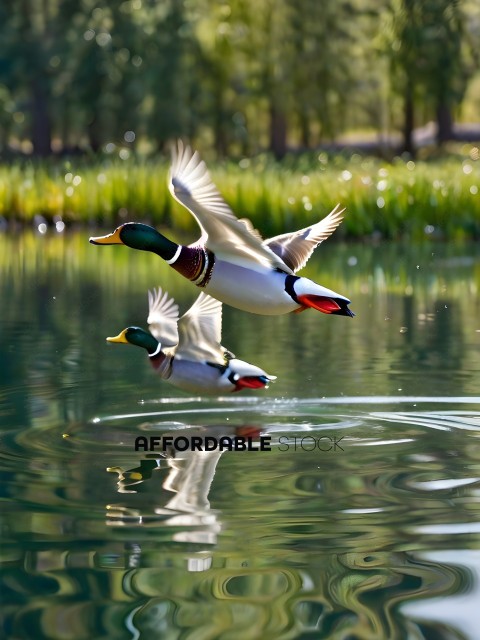 Two ducks flying over a body of water