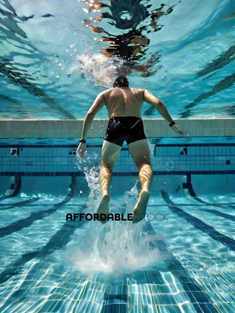Man in black trunks swimming underwater in a pool